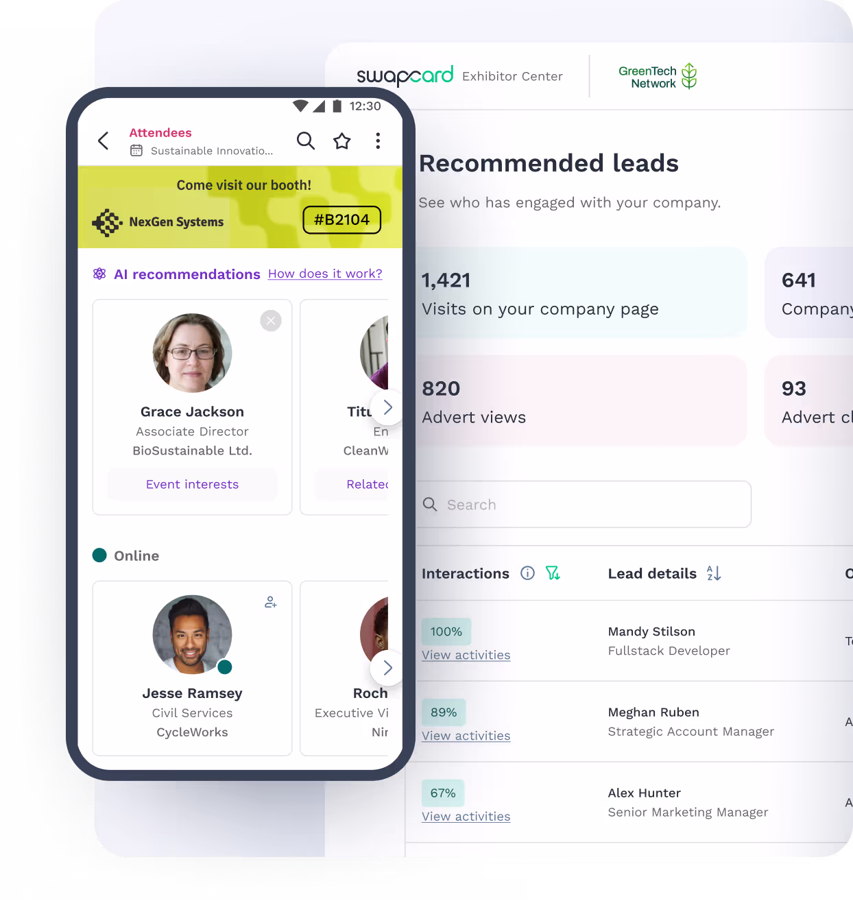 Mobile UI showing sponsor ad placement above ai recommendations as well as dashboard showing analytics about recommended leads